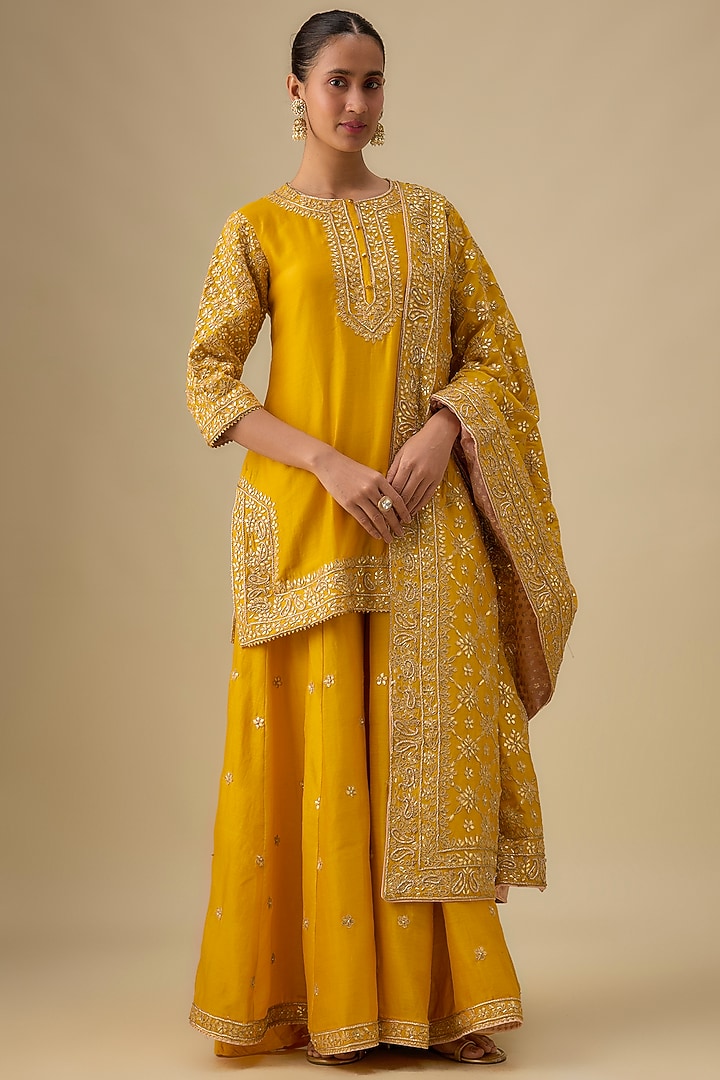 Yellow Pure Silk Chanderi Hand Embroidered Kalidar Bridal Sharara Set by Sheetal Batra at Pernia's Pop Up Shop