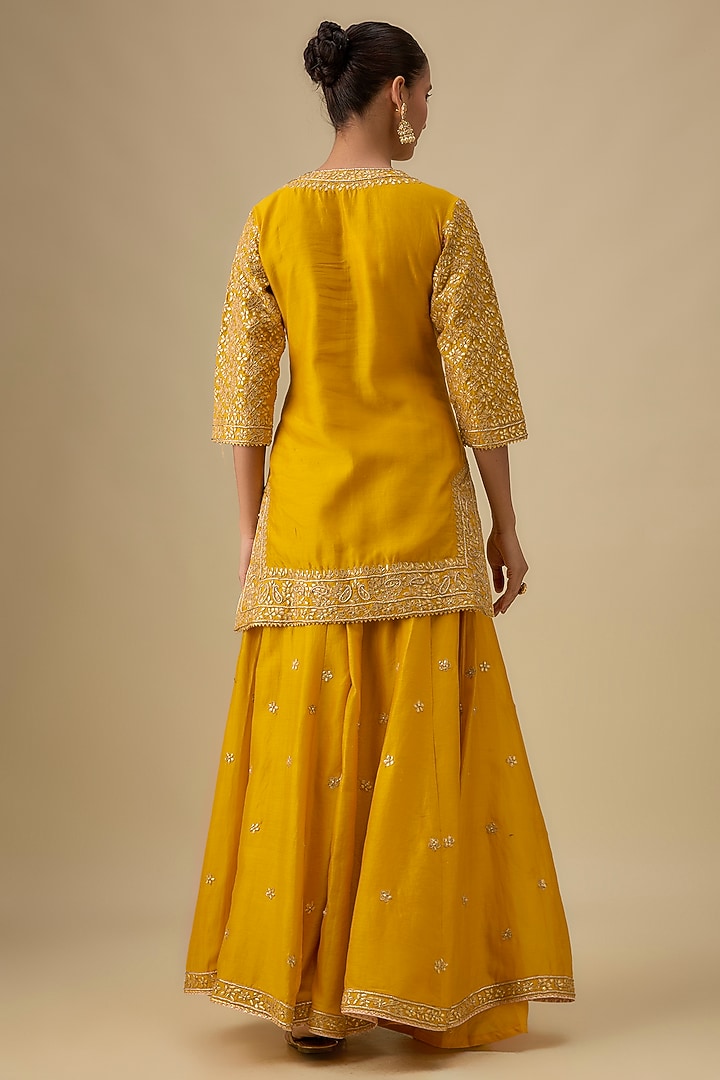Yellow Pure Silk Chanderi Hand Embroidered Kalidar Bridal Sharara Set by Sheetal Batra at Pernia's Pop Up Shop
