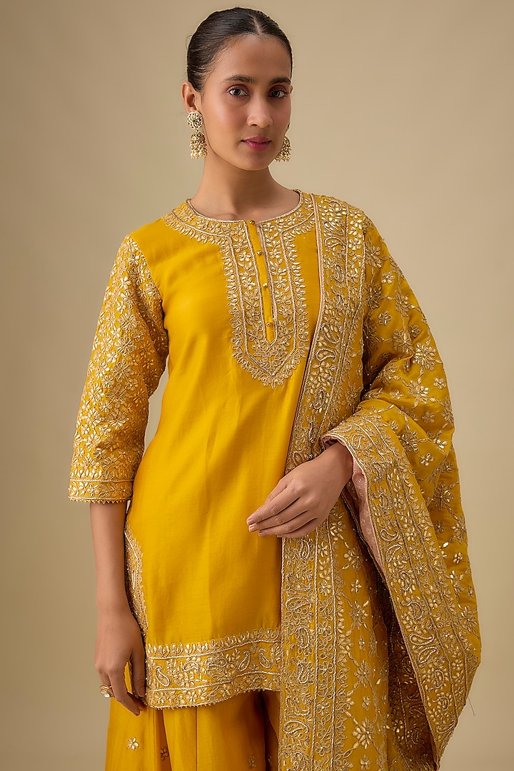 Yellow Pure Silk Chanderi Hand Embroidered Kalidar Bridal Sharara Set by Sheetal Batra at Pernia's Pop Up Shop