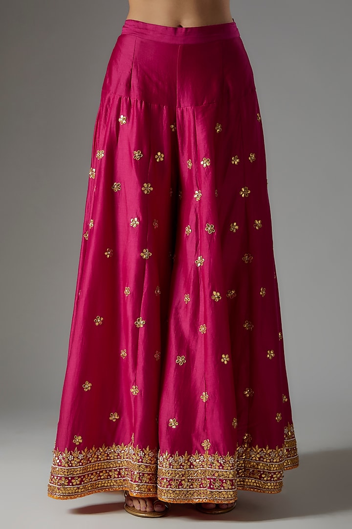 Hot Pink Silk Chanderi Kashmiri Tilla Embroidered Kurta Set by Sheetal Batra at Pernia's Pop Up Shop