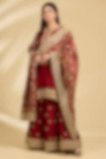 Red Silk Chanderi Embroidered Kalidar Bridal Sharara Set by Sheetal Batra at Pernia's Pop Up Shop