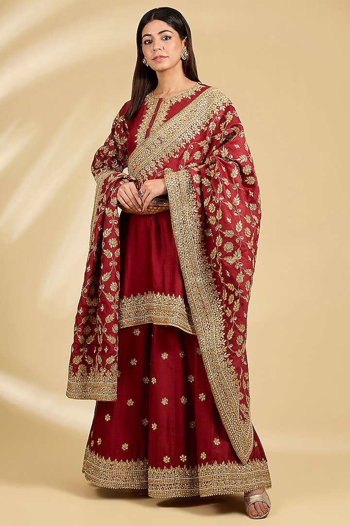 Red Silk Chanderi Embroidered Kalidar Bridal Sharara Set by Sheetal Batra at Pernia's Pop Up Shop