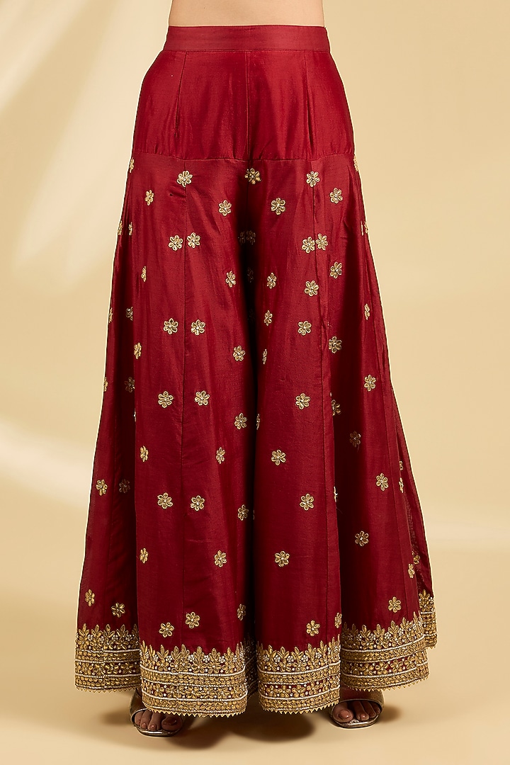Red Silk Chanderi Embroidered Kalidar Bridal Sharara Set by Sheetal Batra at Pernia's Pop Up Shop