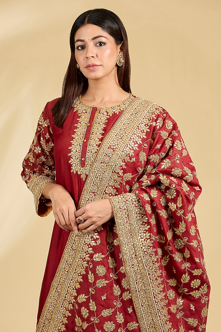 Red Silk Chanderi Embroidered Kalidar Bridal Sharara Set by Sheetal Batra at Pernia's Pop Up Shop