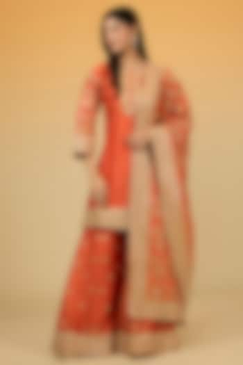 Orange Silk Chanderi Gota-Patti Hand Embroidered Sharara Set by Sheetal Batra at Pernia's Pop Up Shop