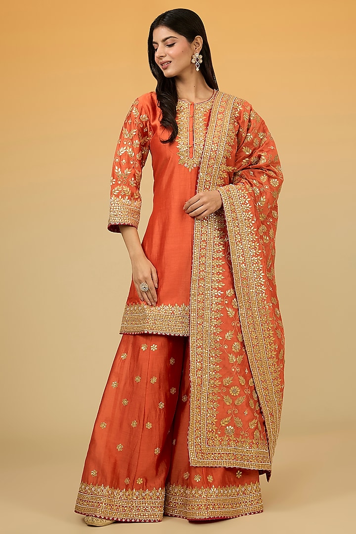 Orange Silk Chanderi Gota-Patti Hand Embroidered Sharara Set by Sheetal Batra at Pernia's Pop Up Shop