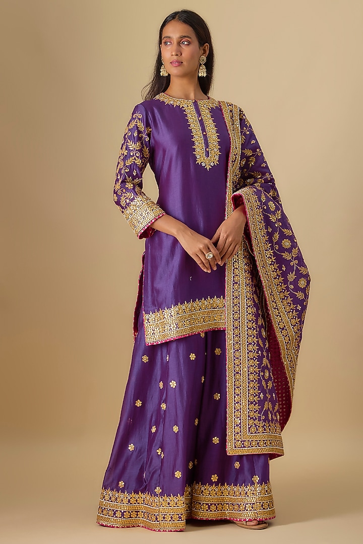 Purple Silk Chanderi Hand Embroidered Bridal Sharara Set by Sheetal Batra at Pernia's Pop Up Shop