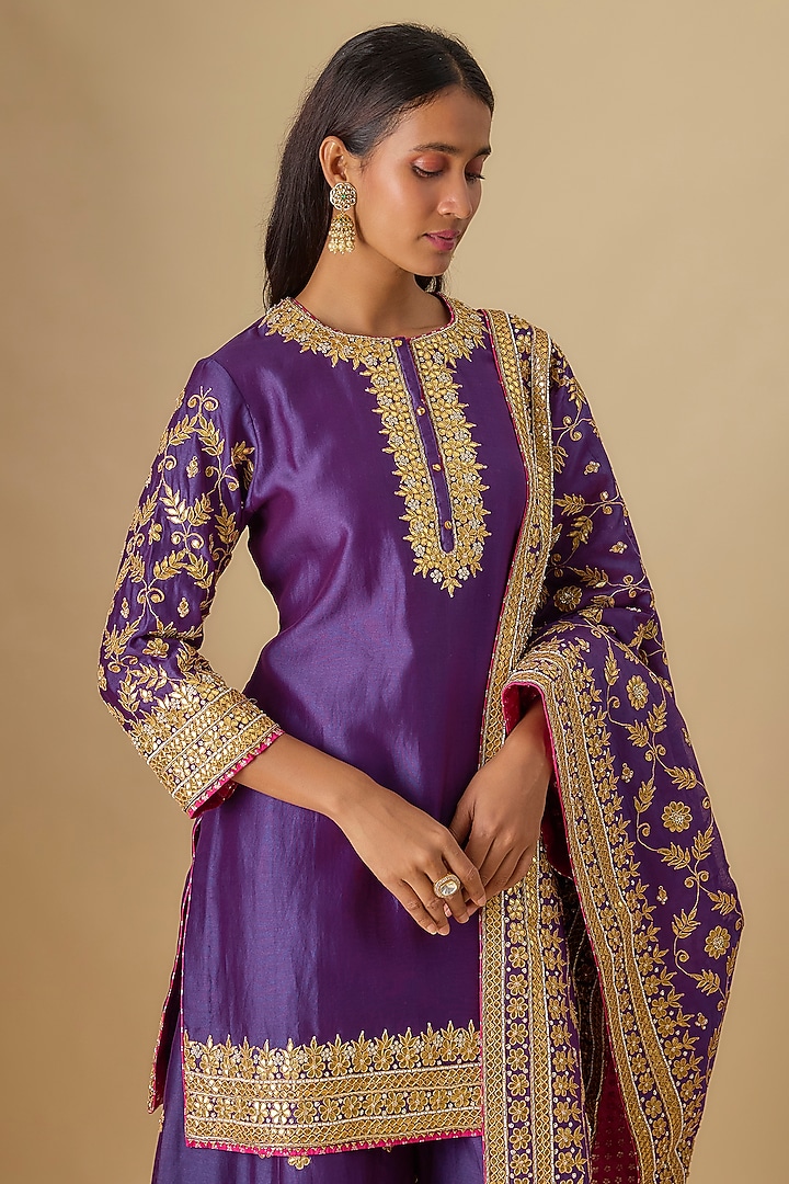 Purple Silk Chanderi Hand Embroidered Bridal Sharara Set by Sheetal Batra at Pernia's Pop Up Shop