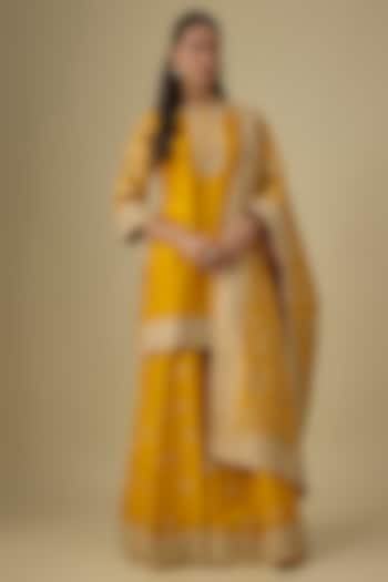 Mustard Yellow Pure Silk Chanderi Zardosi Embroidered Kalidar Bridal Sharara Set by Sheetal Batra at Pernia's Pop Up Shop