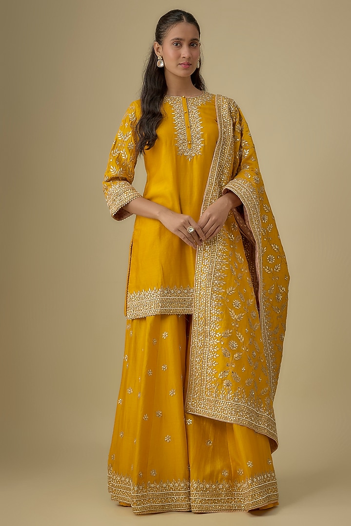 Mustard Yellow Pure Silk Chanderi Zardosi Embroidered Kalidar Bridal Sharara Set by Sheetal Batra at Pernia's Pop Up Shop