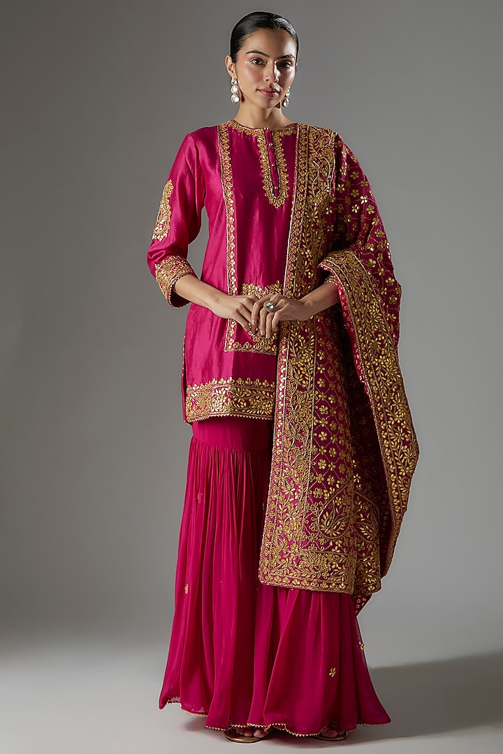 Hot Pink Pure Silk Chanderi Gharara Set by Sheetal Batra at Pernia's Pop Up Shop