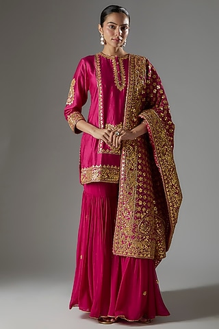 Hot Pink Pure Silk Chanderi Gharara Set by Sheetal Batra