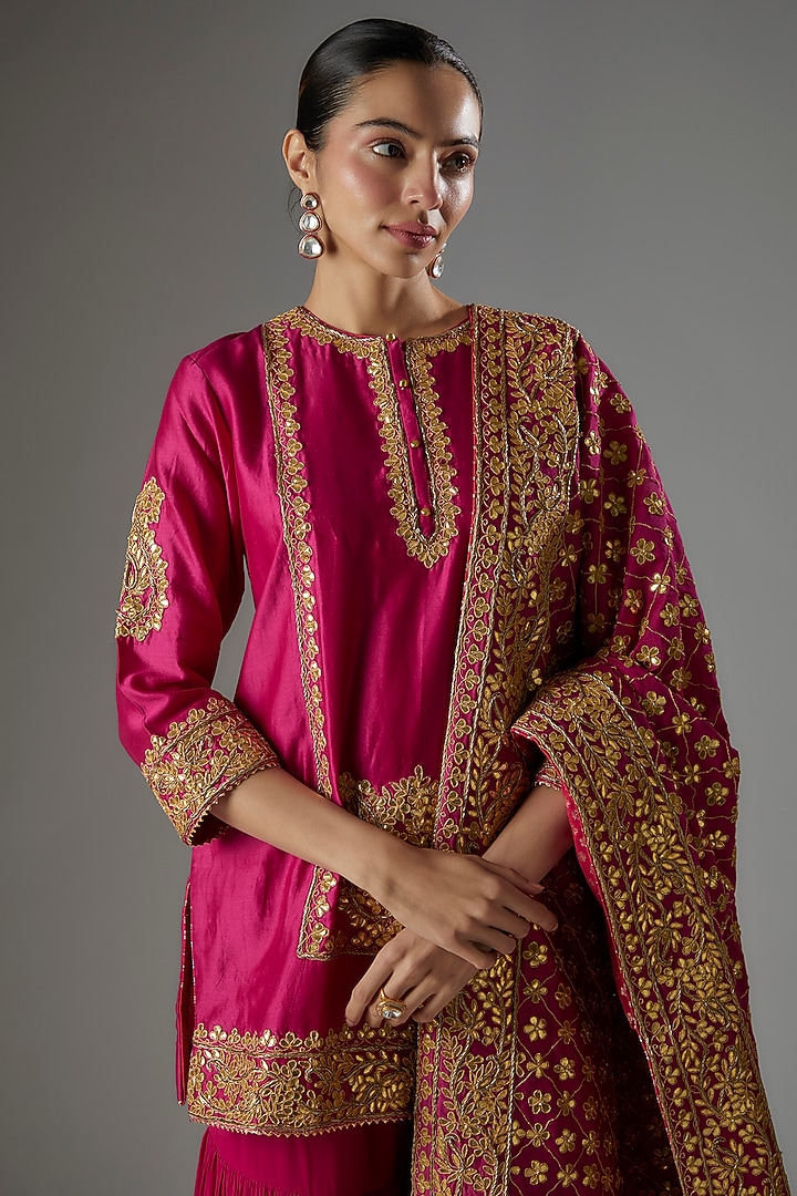 Hot Pink Pure Silk Chanderi Gharara Set by Sheetal Batra at Pernia's Pop Up Shop