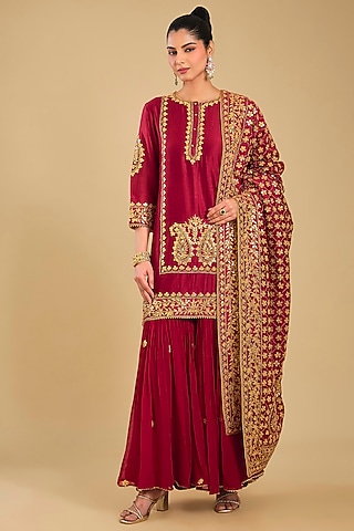 Deep Red Silk Chanderi Dabka Embroidered Kurta Set by Sheetal Batra