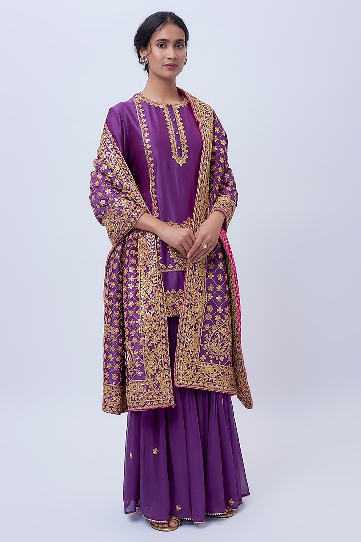 Purple Pure Silk Chanderi Zardosi Hand Embroidered Kurta Set by Sheetal Batra at Pernia's Pop Up Shop