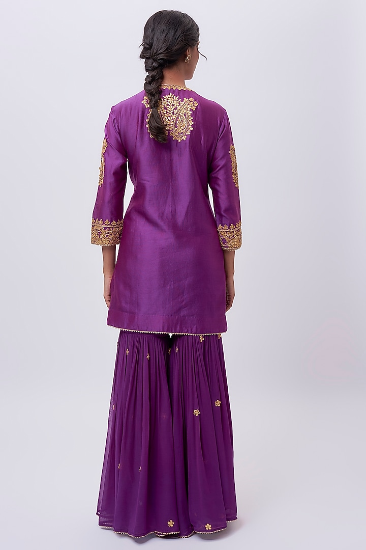 Purple Pure Silk Chanderi Zardosi Hand Embroidered Kurta Set by Sheetal Batra at Pernia's Pop Up Shop