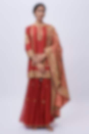 Deep Red Pure Silk Chanderi Zardosi Hand Embroidered Kurta Set by Sheetal Batra at Pernia's Pop Up Shop