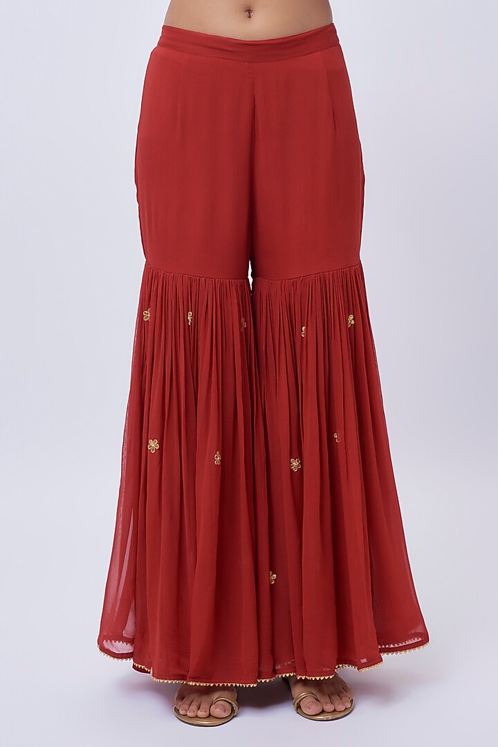Deep Red Pure Silk Chanderi Zardosi Hand Embroidered Kurta Set by Sheetal Batra at Pernia's Pop Up Shop
