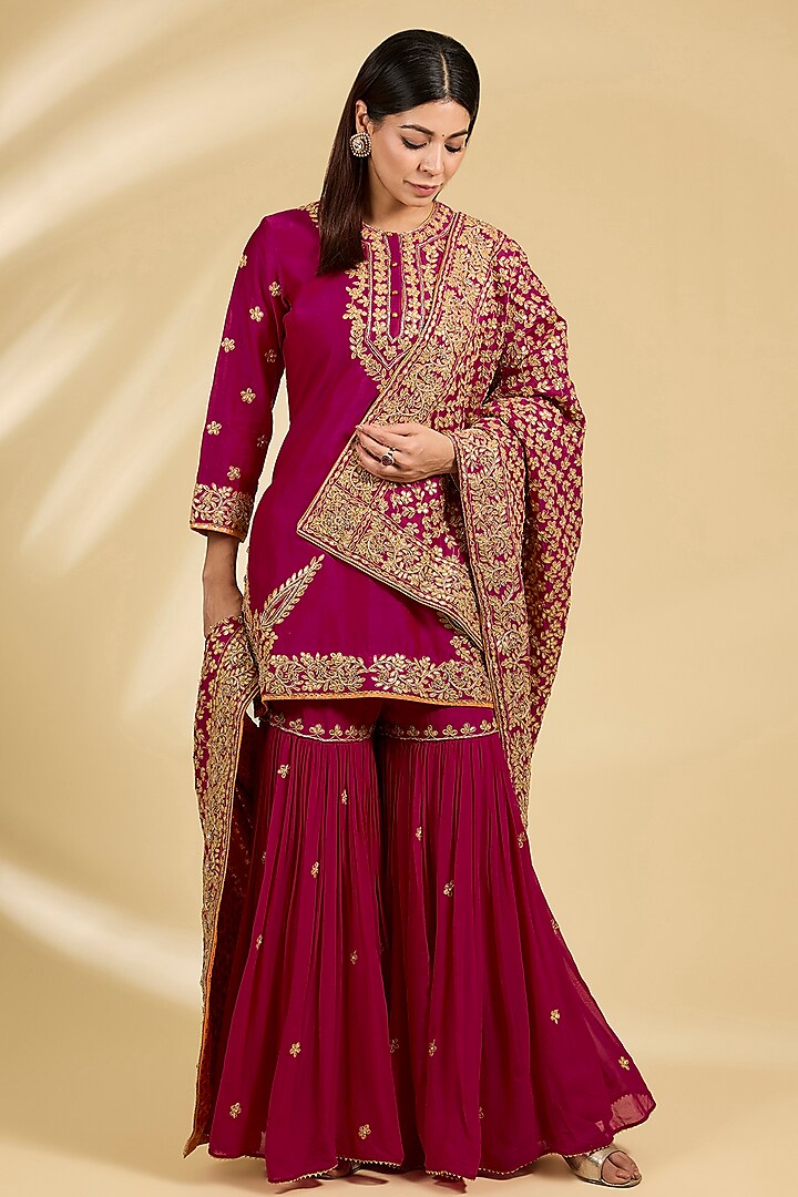 Pink Silk Chanderi Embroidered Kalidar Sharara Set by Sheetal Batra at Pernia's Pop Up Shop