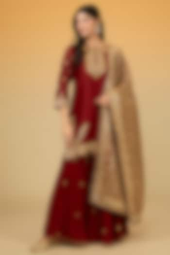 Red Silk Chanderi Gota-Patti Hand Embroidered Sharara Set by Sheetal Batra at Pernia's Pop Up Shop