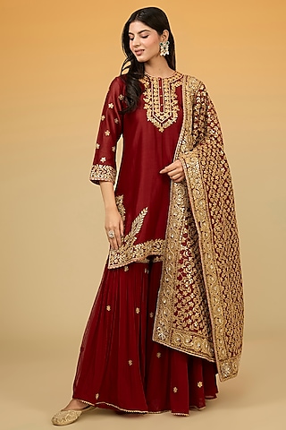 Red Silk Chanderi Gota-Patti Hand Embroidered Sharara Set by Sheetal Batra