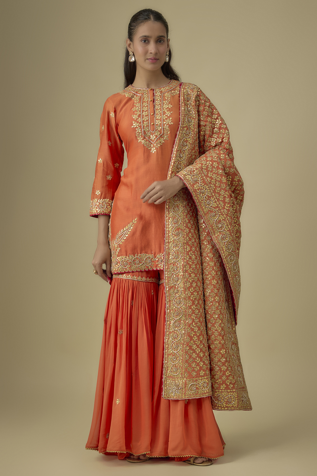 Burnt Orange Pure Silk Chanderi Zardosi Embroidered Kalidar Bridal Sharara Set by Sheetal Batra at Pernia's Pop Up Shop