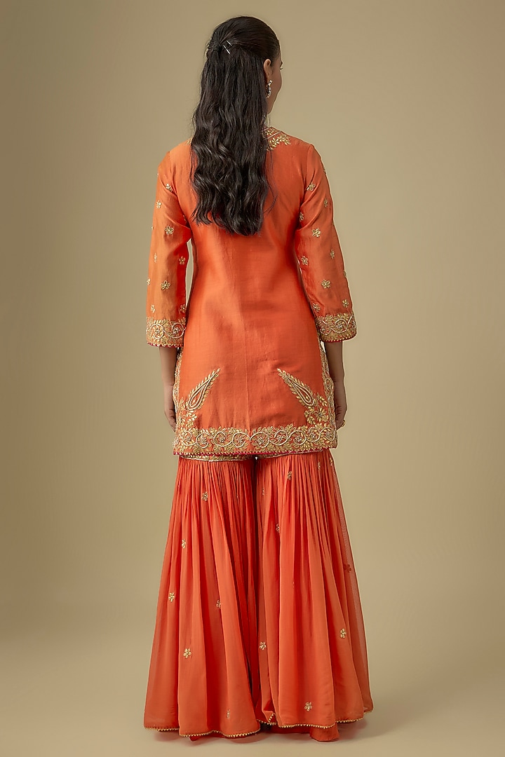 Burnt Orange Pure Silk Chanderi Zardosi Embroidered Kalidar Bridal Sharara Set by Sheetal Batra at Pernia's Pop Up Shop