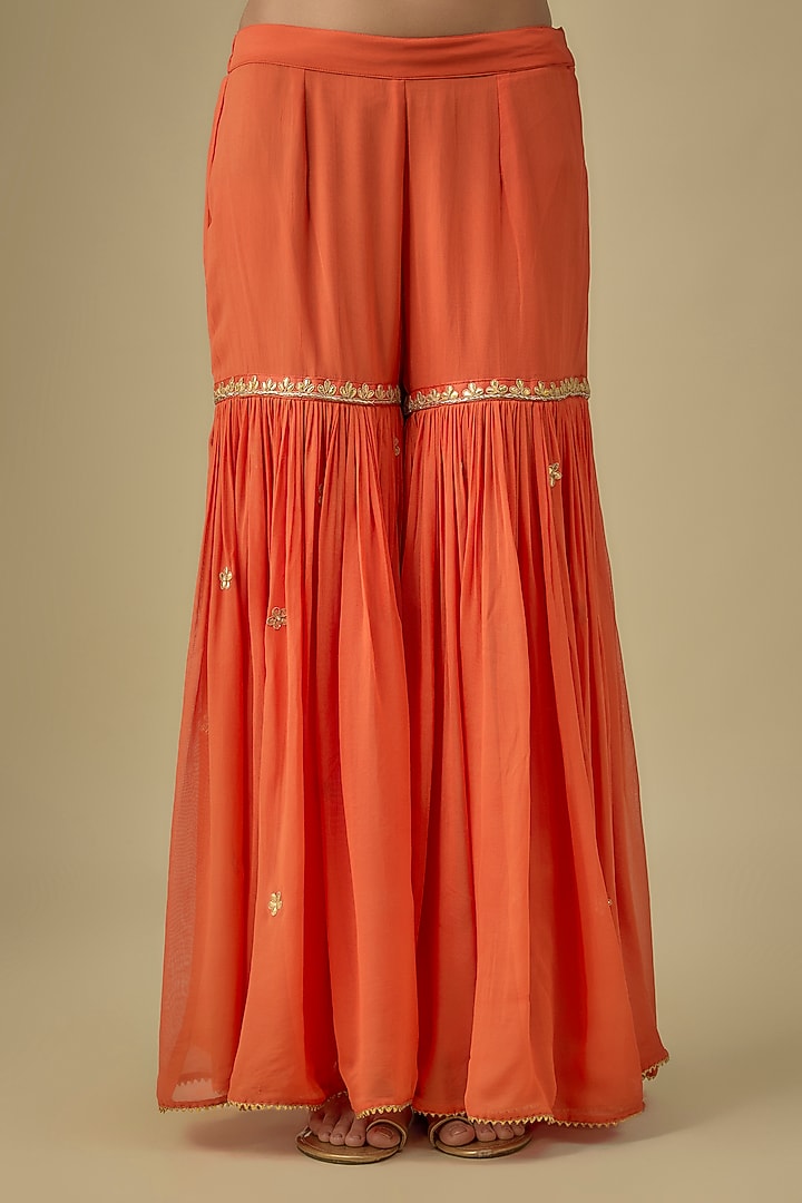 Burnt Orange Pure Silk Chanderi Zardosi Embroidered Kalidar Bridal Sharara Set by Sheetal Batra at Pernia's Pop Up Shop
