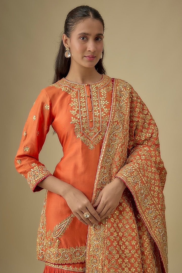 Burnt Orange Pure Silk Chanderi Zardosi Embroidered Kalidar Bridal Sharara Set by Sheetal Batra at Pernia's Pop Up Shop