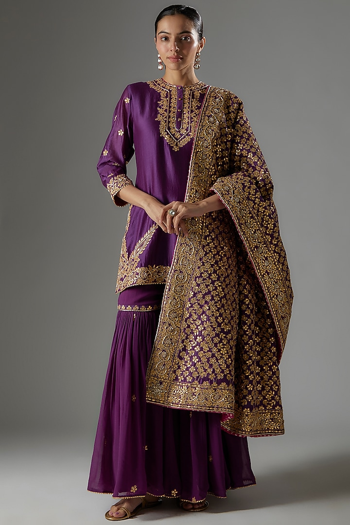 Purple Pure Silk Chanderi Bridal Sharara Set by Sheetal Batra at Pernia's Pop Up Shop
