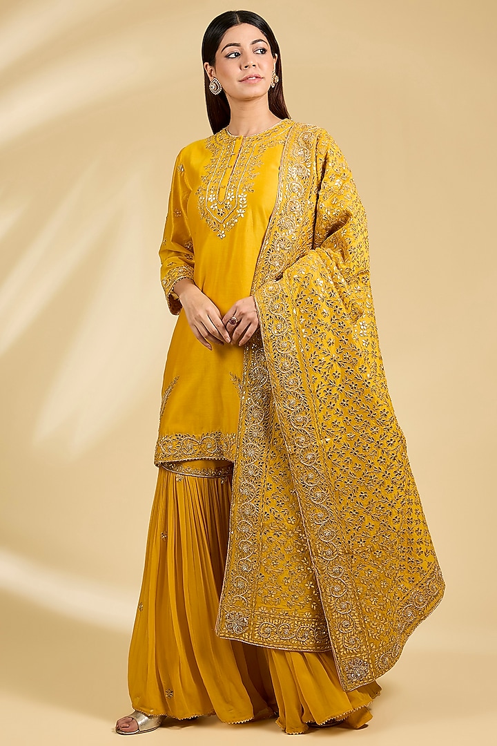 Yellow Silk Chanderi Kalidar Bridal Sharara Set by Sheetal Batra at Pernia's Pop Up Shop