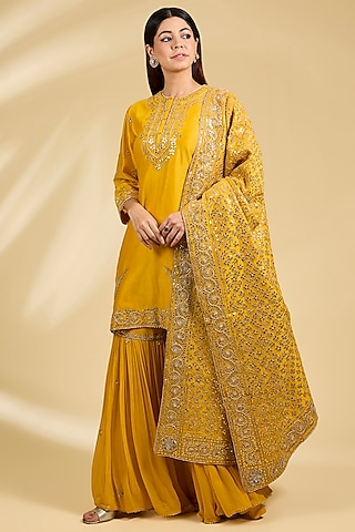 Yellow Silk Chanderi Kalidar Sharara Set by Sheetal Batra