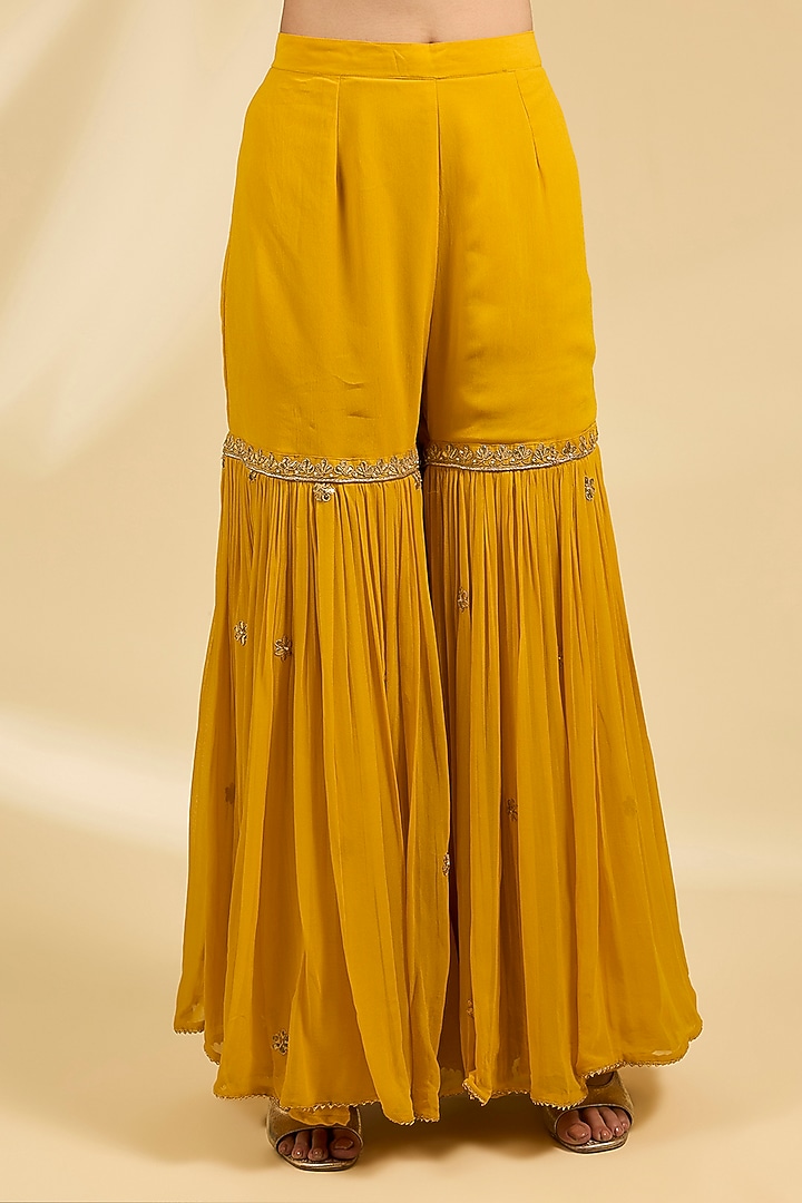 Yellow Silk Chanderi Kalidar Bridal Sharara Set by Sheetal Batra at Pernia's Pop Up Shop