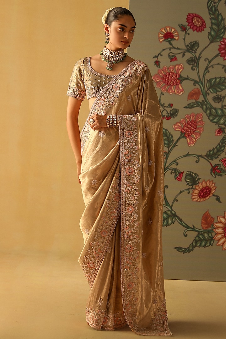 Gold Silk Brocade Dabka & Zardosi Embroidered Saree Set by Sheetal Batra at Pernia's Pop Up Shop