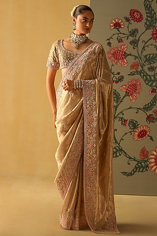 Gold Silk Brocade Dabka & Zardosi Embroidered Saree Set by Sheetal Batra