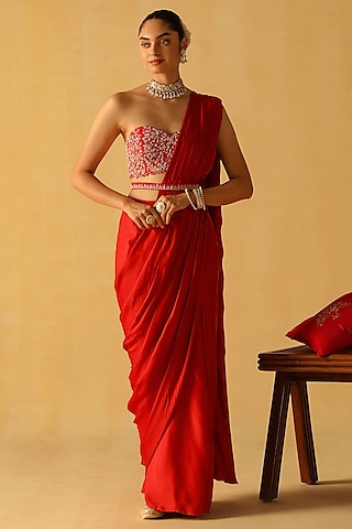 Deep Red Bemberg Satin Pre-Stitched Saree Set by Sheetal Batra