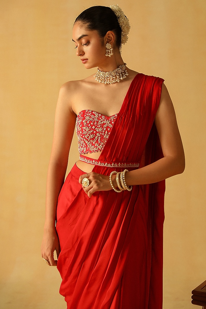 Deep Red Bemberg Satin Pre-Stitched Wedding Saree Set by Sheetal Batra at Pernia's Pop Up Shop