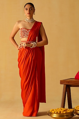 Burnt Orange Bemberg Satin Pre-Stitched Saree Set by Sheetal Batra