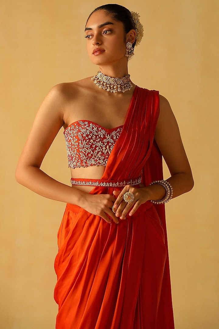 Burnt Orange Bemberg Satin Pre-Stitched Wedding Saree Set by Sheetal Batra at Pernia's Pop Up Shop
