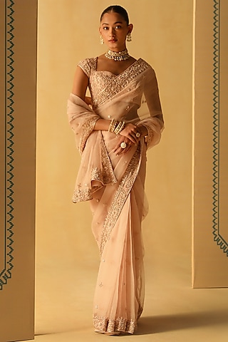 Rose Pink Silk Organza Zardosi Embroidered Saree Set by Sheetal Batra