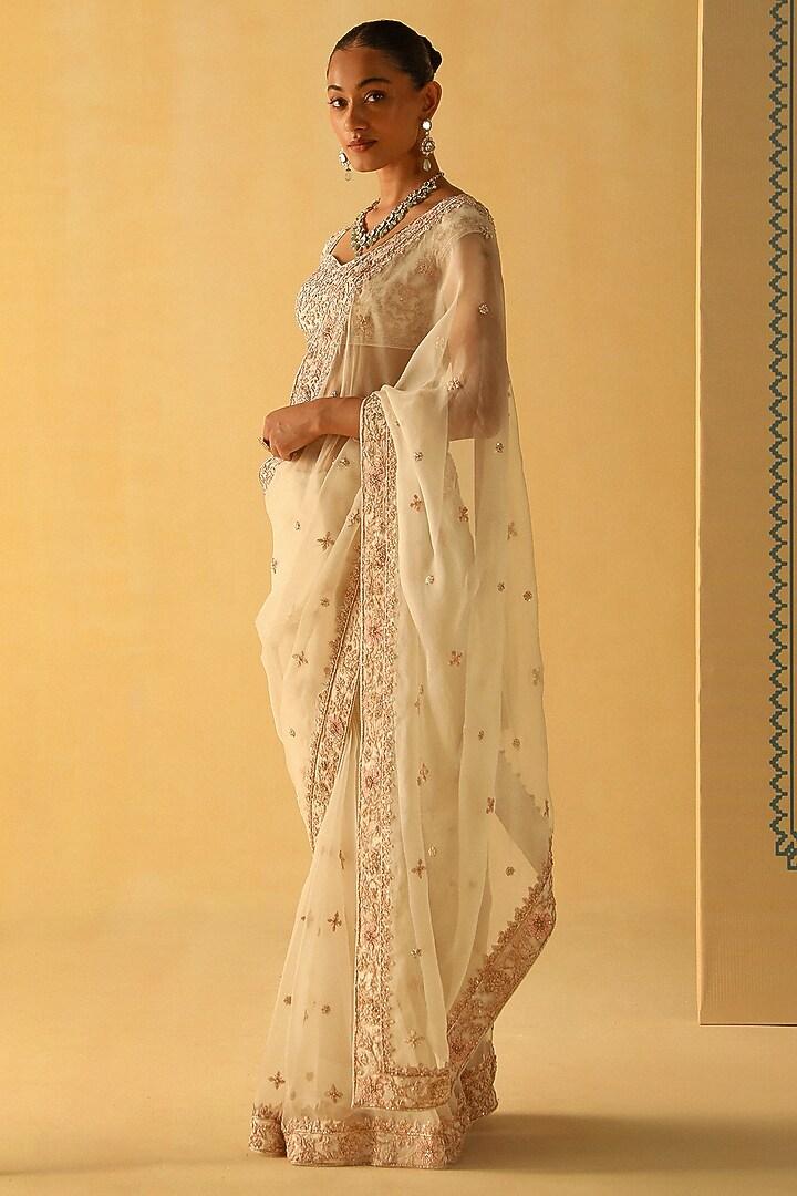 Daisy Ivory Silk Organza Zardosi Embroidered Wedding Saree Set by Sheetal Batra at Pernia's Pop Up Shop