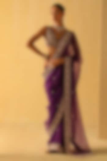 Deep Purple Silk Organza Zardosi Embroidered Wedding Saree Set by Sheetal Batra at Pernia's Pop Up Shop