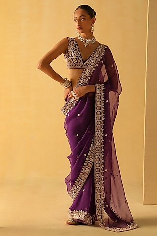 Deep Purple Silk Organza Zardosi Embroidered Saree Set by Sheetal Batra