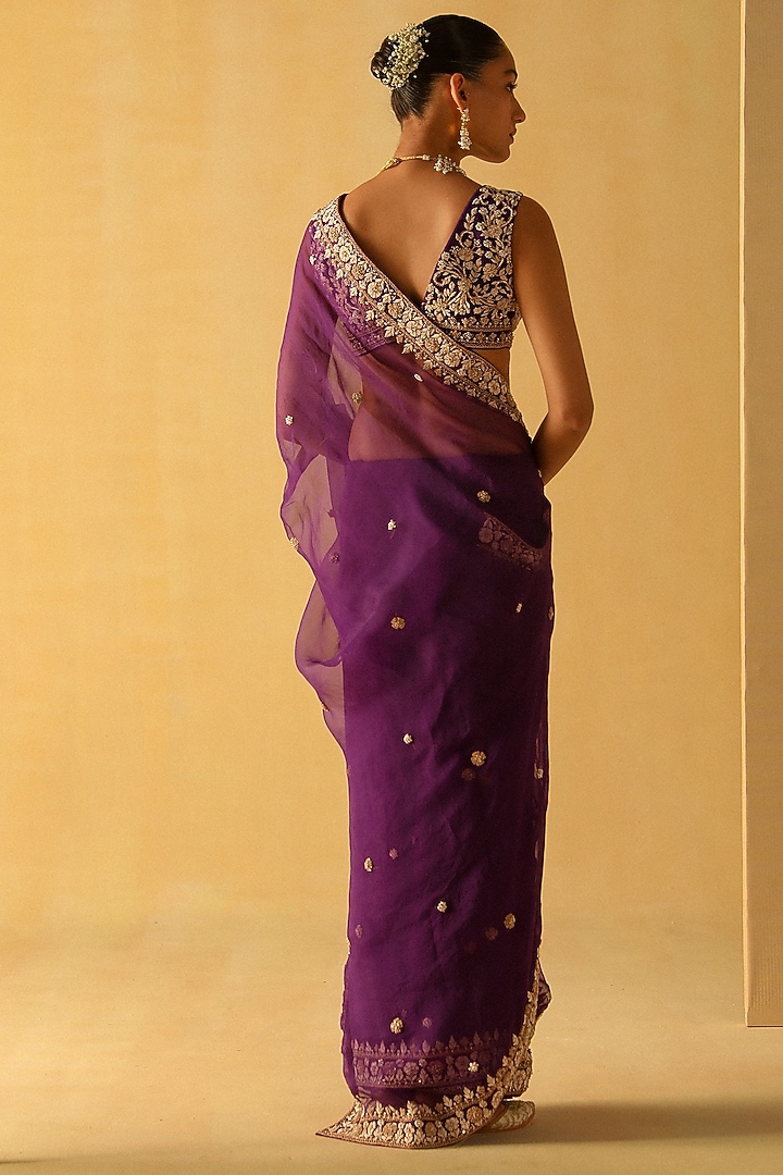 Deep Purple Silk Organza Zardosi Embroidered Wedding Saree Set by Sheetal Batra at Pernia's Pop Up Shop