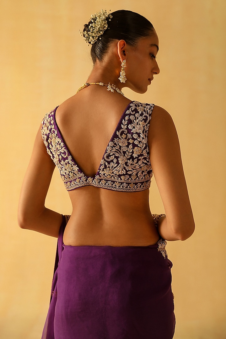 Deep Purple Silk Organza Zardosi Embroidered Wedding Saree Set by Sheetal Batra at Pernia's Pop Up Shop