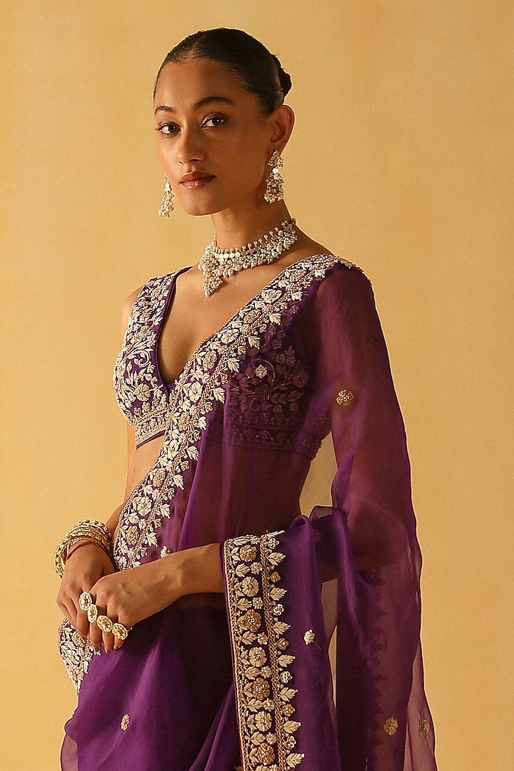 Deep Purple Silk Organza Zardosi Embroidered Wedding Saree Set by Sheetal Batra at Pernia's Pop Up Shop