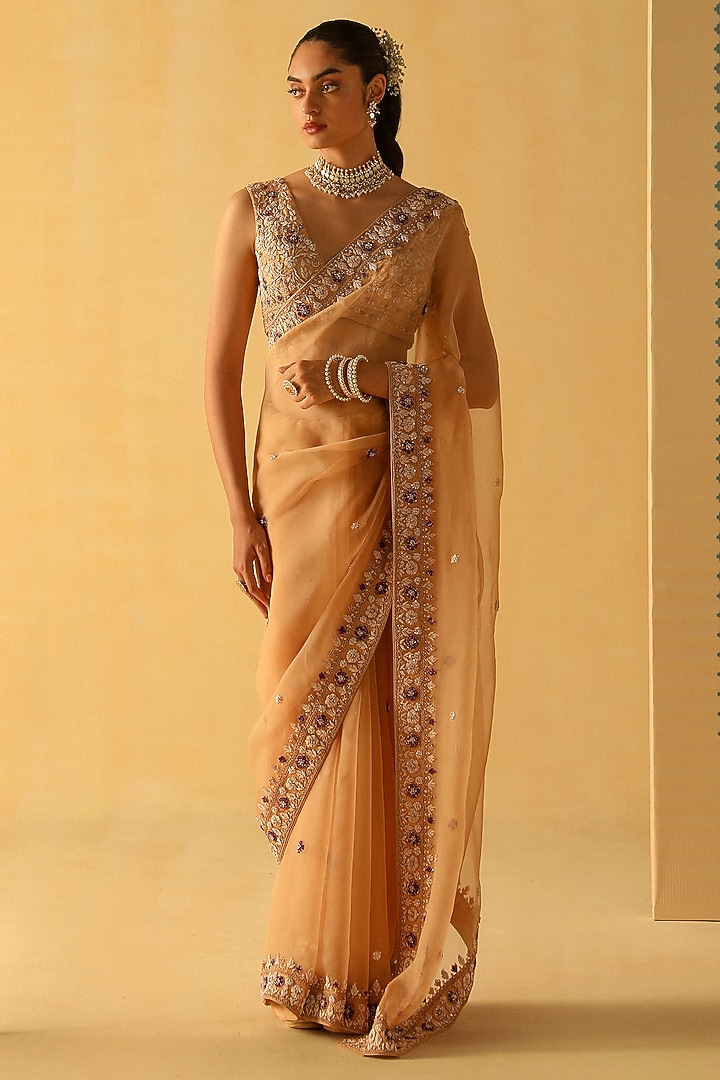 Gold Silk Organza Zardosi Embroidered Wedding Saree Set by Sheetal Batra at Pernia's Pop Up Shop