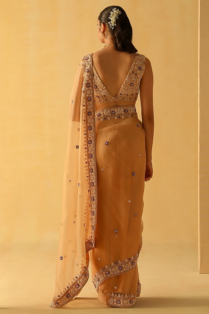 Gold Silk Organza Zardosi Embroidered Wedding Saree Set by Sheetal Batra at Pernia's Pop Up Shop