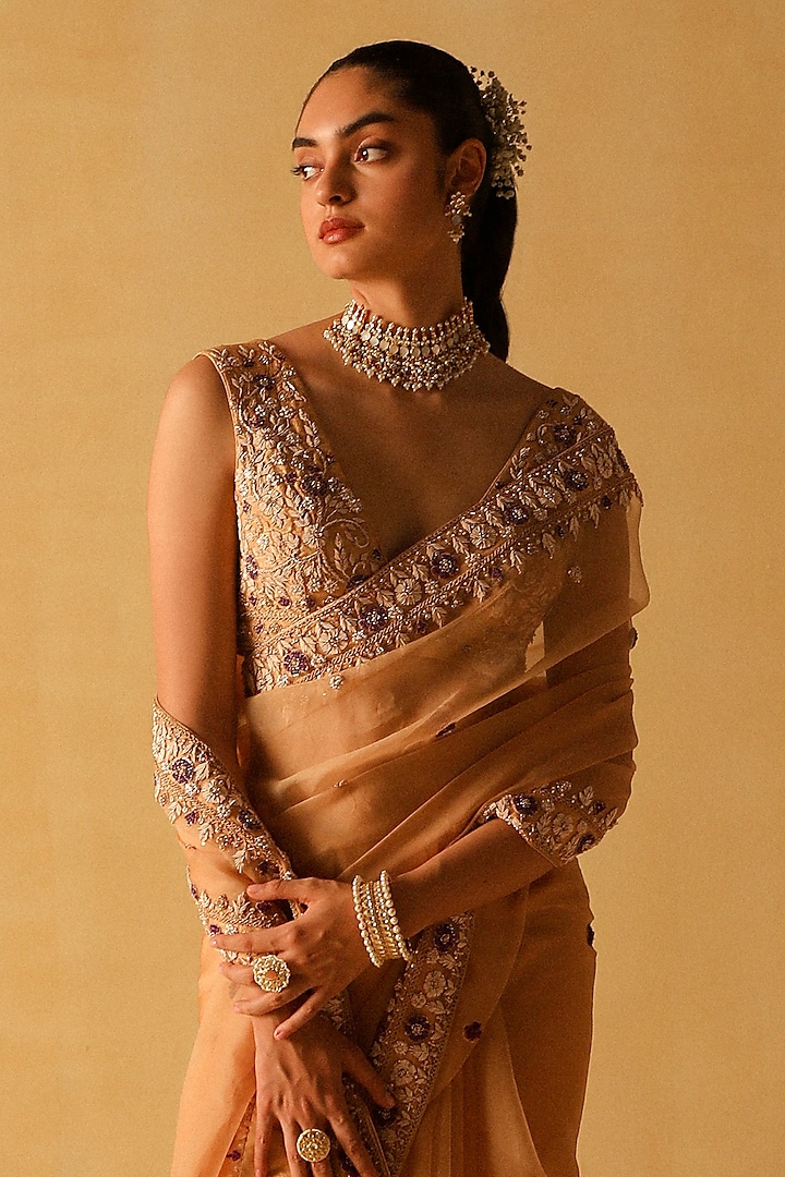 Gold Silk Organza Zardosi Embroidered Wedding Saree Set by Sheetal Batra at Pernia's Pop Up Shop