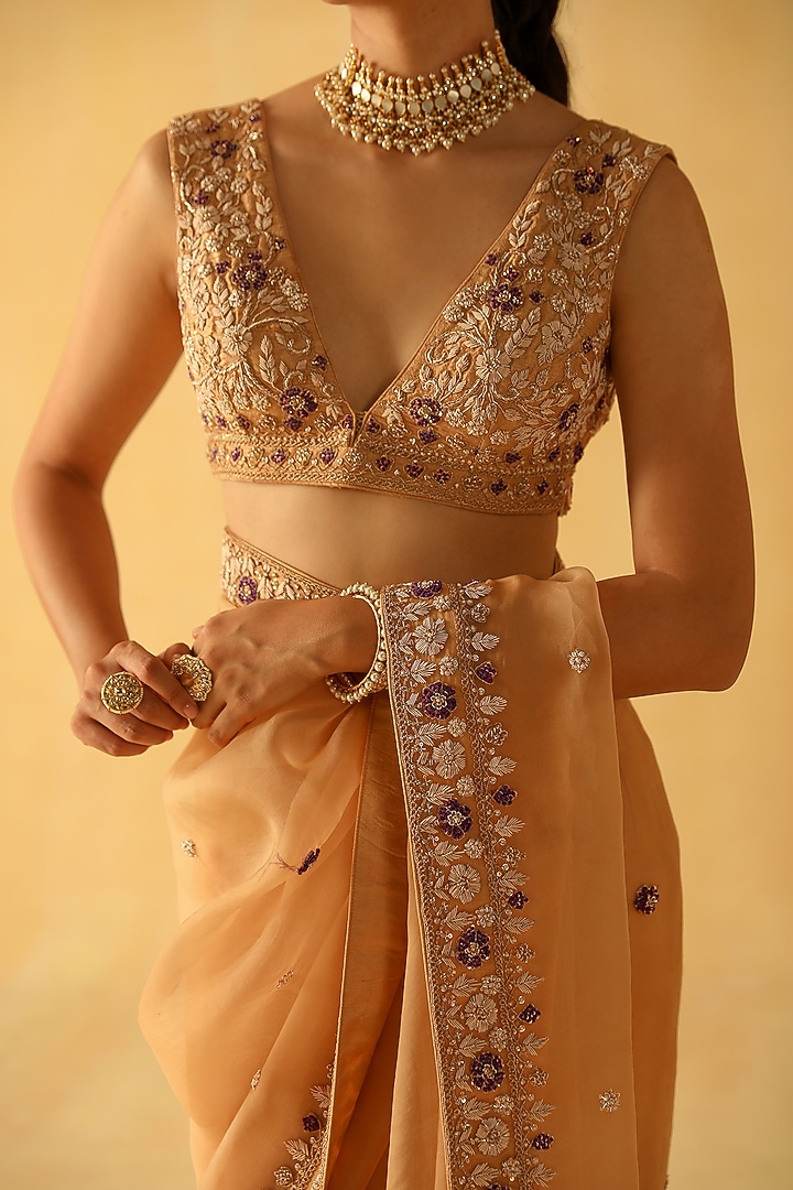 Gold Silk Organza Zardosi Embroidered Wedding Saree Set by Sheetal Batra at Pernia's Pop Up Shop